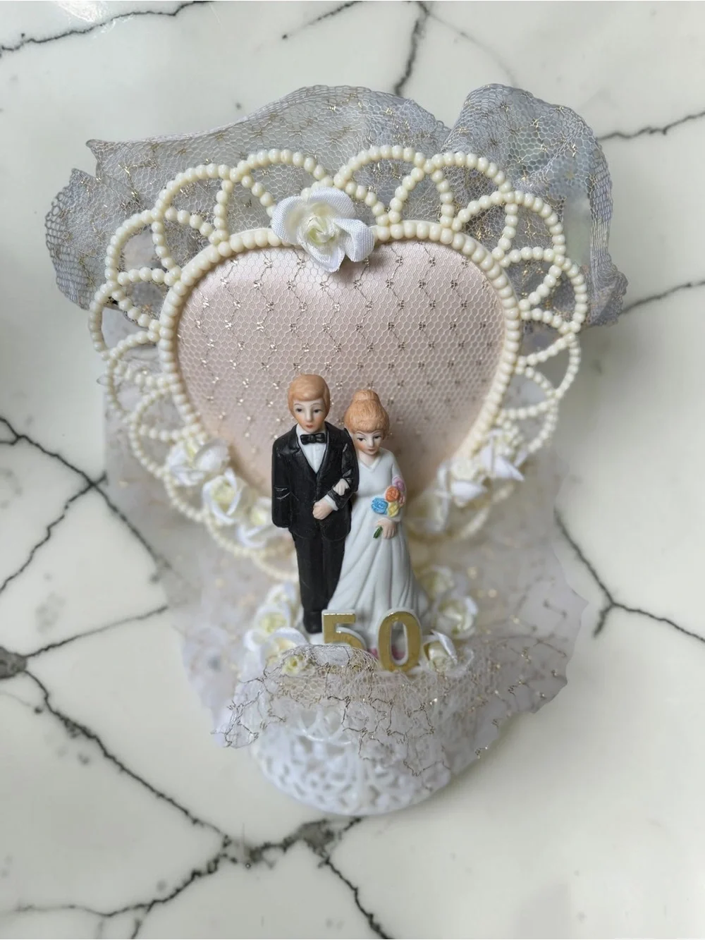 Vintage 50th Golden Anniversary Cake Topper Bisque Couple Pearl Heart Orig Box